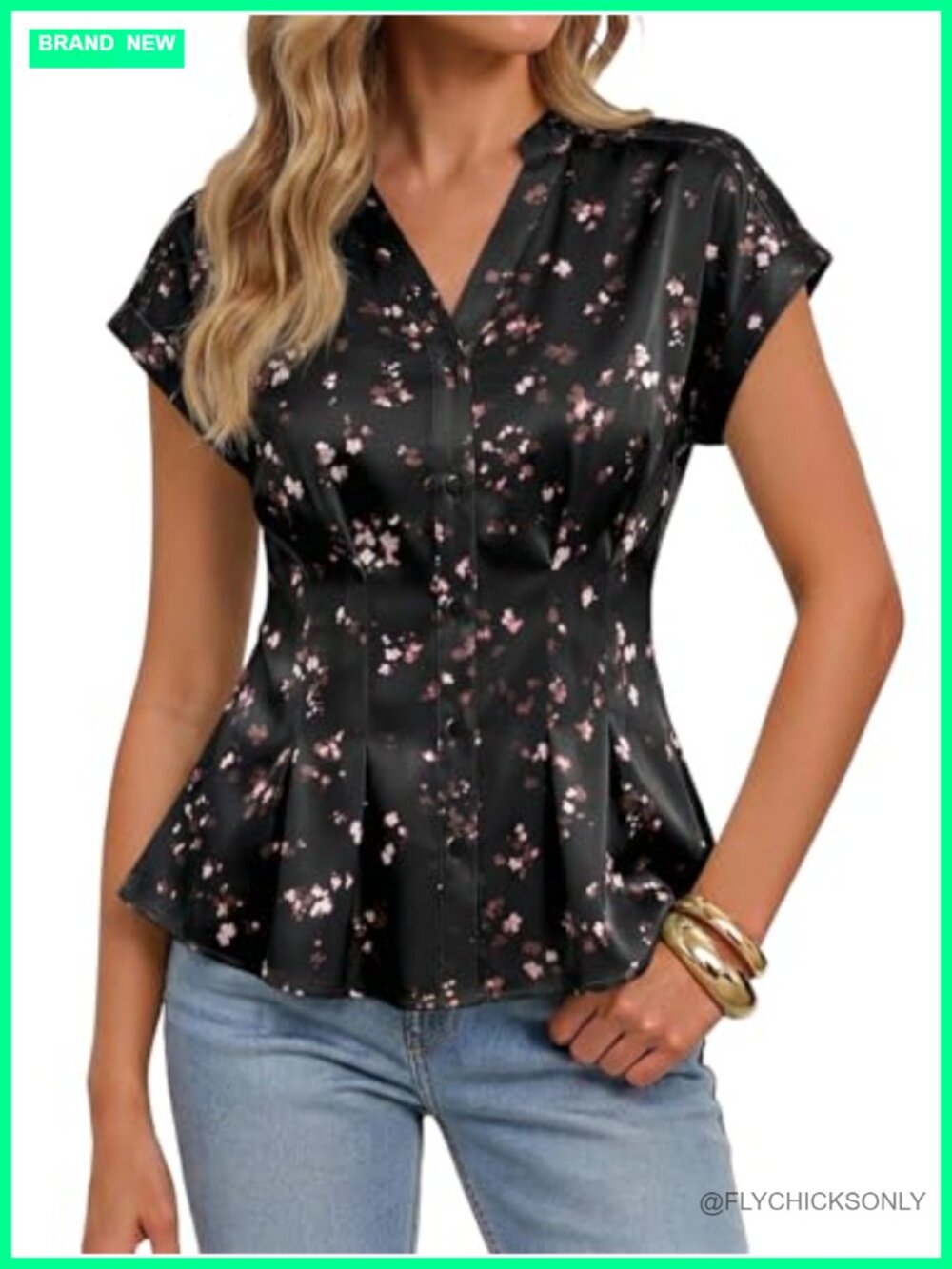 Satin Peplum Button Down Blouse V Neck Short Sleeve Floral Top